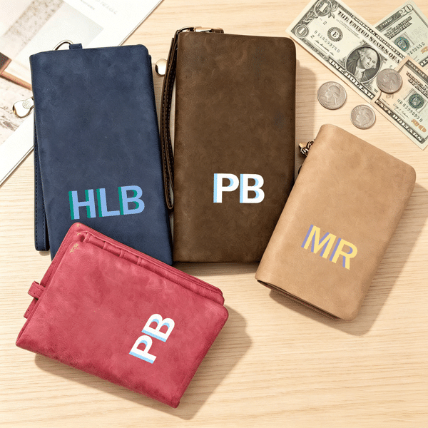 Personalized Retro Double-Color Shadow Monogram Portable PU Leather Wallet Daily Use Birthday Gift for Women Friends