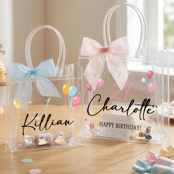 Personalised Cute Balloon Cake Bow Clear Gift Bag with Age Name and Text Daily Use Birthday Gift for Kids Women