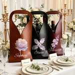 Personalised Birth Flower Protective PU Leather Wine Bag with Scripty Style Name and Handle Dinner Party Anniversary Gift for Wine Lover