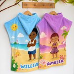 Personalised Cartoon Kid Character Beach Theme Quick Dry Hooded Beach Towel with Name Beach Accessory Summer Vacation Birthday Gift for Boys Girls