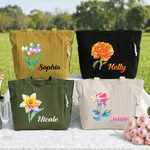 Personalized Neon Birth Flower Large Capacity Corduroy Tote Bag with Name Daily Travel Birthday Gift for Girls Women