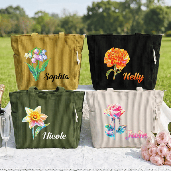 Personalized Neon Birth Flower Large Capacity Corduroy Tote Bag with Name Daily Travel Birthday Gift for Girls Women