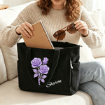 Personalised Birthstone Birth Flower Large Capacity Corduroy Tote Bag with Name Birthday Anniversary Gift for Woman Girl Friend