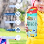 Personalisierte niedlichen Bauwagen Name 12 oz isolierte Wasserflasche mit Strohhalm und Spill-Proof-Deckel zurück zu Schule Geschenk für Jungen Mädchen