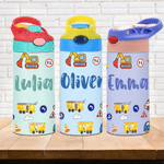 Personalised Cute Construction Lorry Name 12 oz Insulated Water Bottle with Straw and Spill-Proof Lid Back to School Gift for Boys Girls