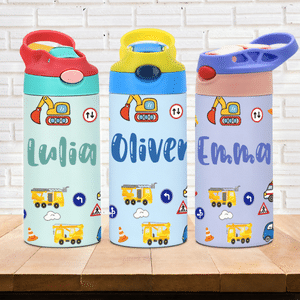 Personalised Cute Construction Lorry Name 12 oz Insulated Water Bottle with Straw and Spill-Proof Lid Back to School Gift for Boys Girls