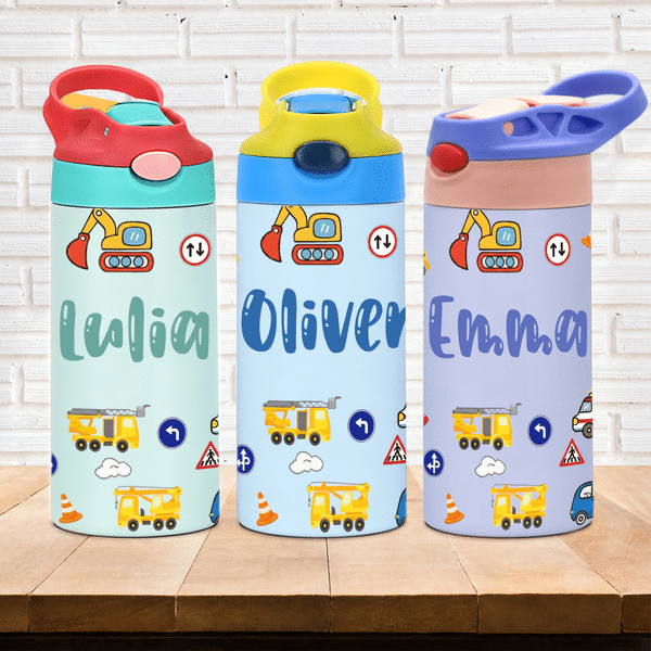 Personalised Cute Construction Lorry Name 12 oz Insulated Water Bottle with Straw and Spill-Proof Lid Back to School Gift for Boys Girls