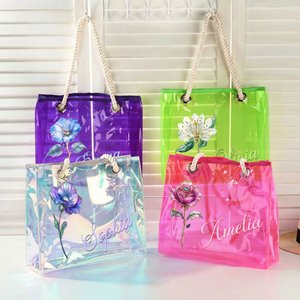Personalised Birth Flower Neon Clear Tote Bag with Name Birthday Summer Holiday Party Gift for Women