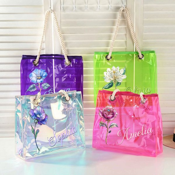 Personalised Birth Flower Neon Clear Tote Bag with Name Birthday Summer Holiday Party Gift for Women
