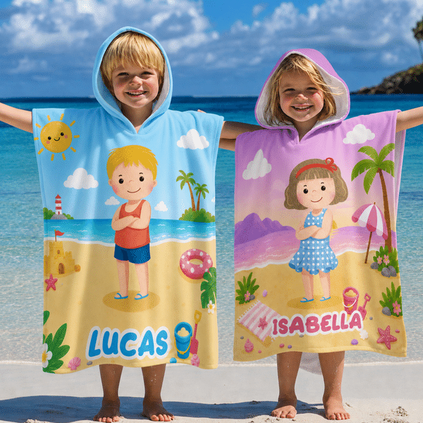 Personalised Cartoon Kid Character Beach Theme Quick Dry Hooded Beach Towel with Name Beach Accessory Summer Holiday Birthday Gift for Boys Girls