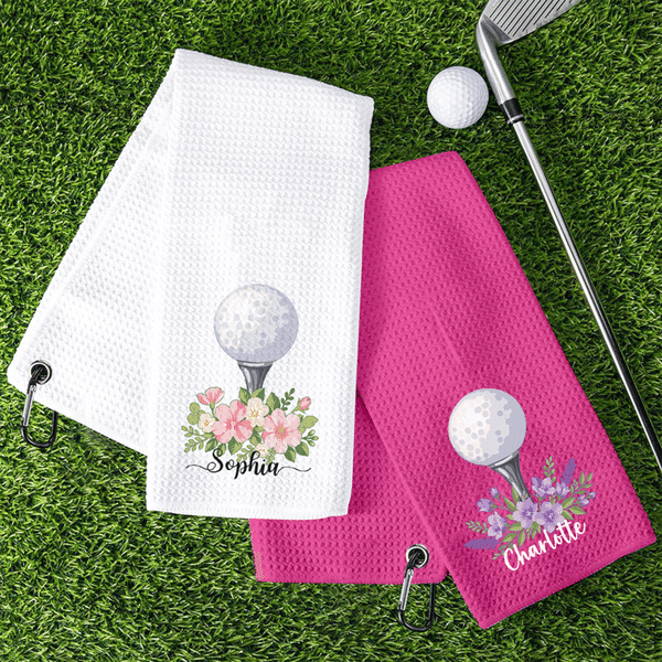 Personalised Watercolour Birth Flower Portable Waffle Golf Towel with Name Daily Use Birthday Gift for Golfer