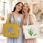 Personalised Birthstone Birth Flower Large Capacity Corduroy Tote Bag with Name Birthday Anniversary Gift for Woman Girl Friend