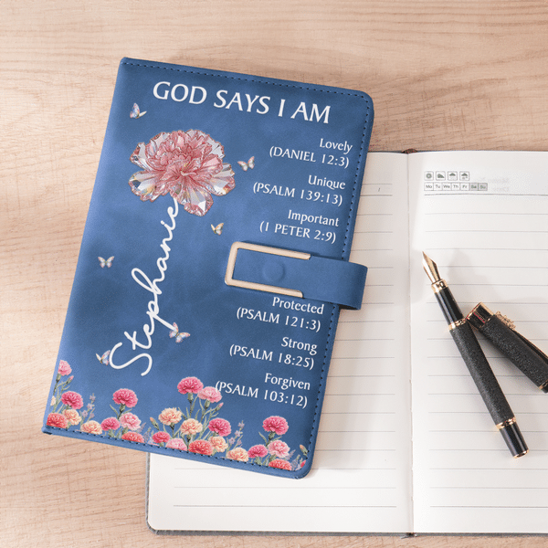Cuaderno de cuero de PU A5 personalizado con título y nombre Flor de nacimiento de cristal Versículos de la Biblia Cumpleaños de uso diario Regalo cristiano para los ratones de biblioteca de la famili
