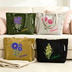 Personalised Birthstone Birth Flower Large Capacity Corduroy Tote Bag with Name Birthday Anniversary Gift for Woman Girl Friend