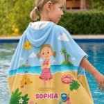 Personalised Cartoon Kid Character Beach Theme Quick Dry Hooded Beach Towel with Name Beach Accessory Summer Vacation Birthday Gift for Boys Girls
