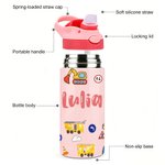 Personalisierte niedlichen Bauwagen Name 12 oz isolierte Wasserflasche mit Strohhalm und Spill-Proof-Deckel zurück zu Schule Geschenk für Jungen Mädchen
