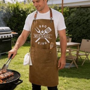 Personalized BBQ King Apron with Name and Pocket Kitchen Accessory Father's Day Birthday Anniversary Gift for Dad Husband Cooking Lover
