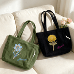 Personalised Birthstone Birth Flower Large Capacity Corduroy Tote Bag with Name Birthday Anniversary Gift for Woman Girl Friend