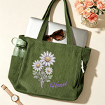 Personalised Birthstone Birth Flower Large Capacity Corduroy Tote Bag with Name Birthday Anniversary Gift for Woman Girl Friend