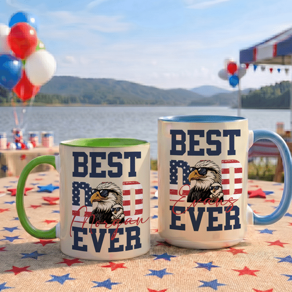 Personalized Best Eagle Dad Ever Stars and Stripes Mug with Name and Coaster Birthday Father's Day American Independence Day Gift for Dad Grandpa