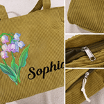 Personalized Neon Birth Flower Large Capacity Corduroy Tote Bag with Name Daily Travel Birthday Gift for Girls Women
