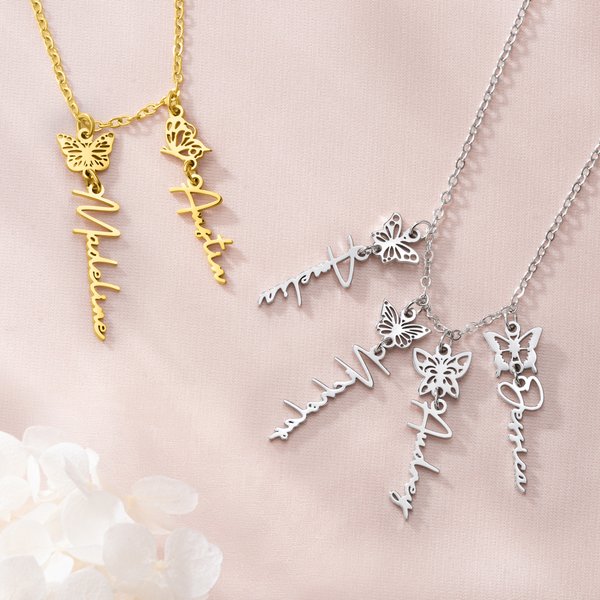 Personalized Multiple 1-8 Birth Butterflies Necklace with Name Birthday Gift for Mother Grandmother Family