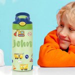 Personalisierte niedlichen Bauwagen Name 12 oz isolierte Wasserflasche mit Strohhalm und Spill-Proof-Deckel zurück zu Schule Geschenk für Jungen Mädchen