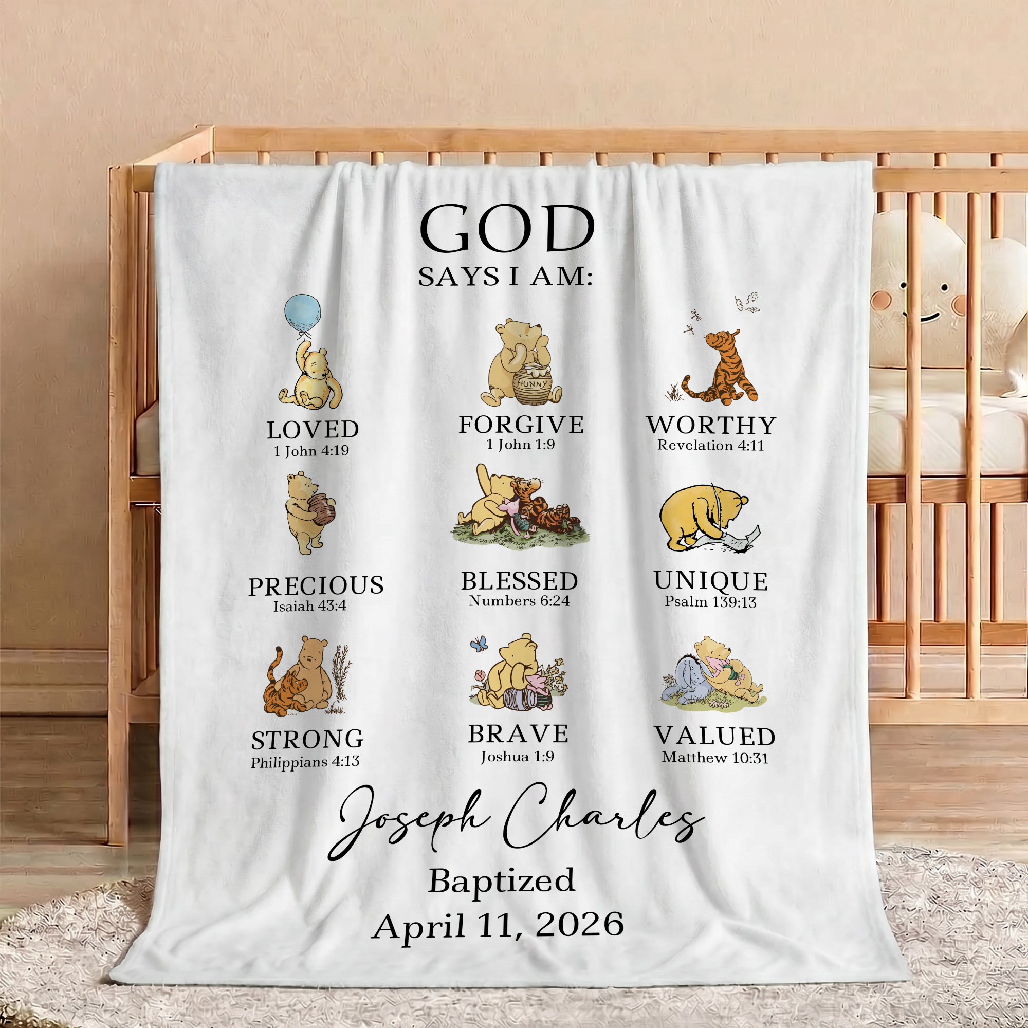 Personalized Classic Winnie the Pooh Bible Verses Multicolor Soft Throw Blanket with Name Home Decor Baby Shower Birthday Gift for Kid Christian