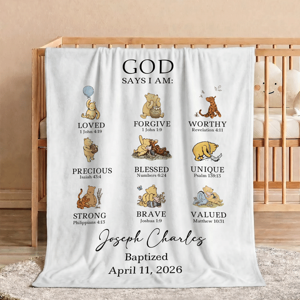 Personalized Classic Winnie the Pooh Bible Verses Multicolor Soft Throw Blanket with Name Home Decor Baby Shower Birthday Gift for Kid Christian