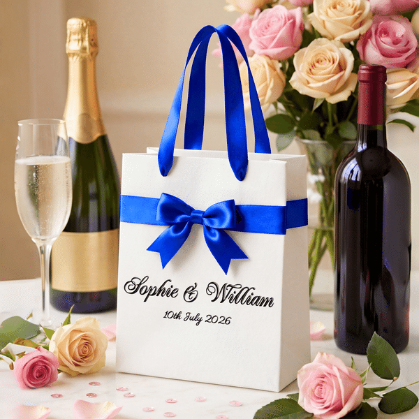 Personalised Wedding Blue Bow Ribbon Gift Bag with Couple Name and Date Wedding Reception Party Gift for Guest