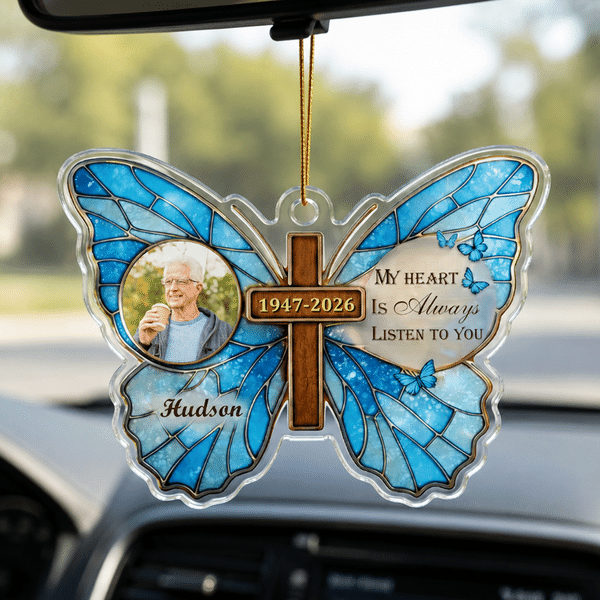 Personalised Multicolour Butterfly Cross Photo Acrylic Ornament with Text Name and Year Car Decor Sympathy Gift for Family Loss of Dad Mom
