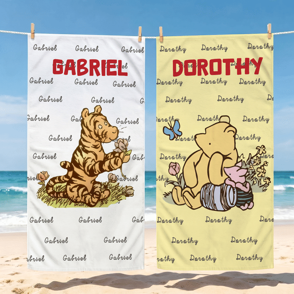 Personalized Multicolor Classic Winnie the Pooh Quick Dry Oversized Beach Towel with Name Summer Vacation Pool Party Birthday Gift for Family Friends