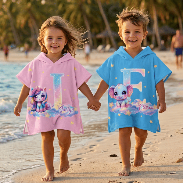 Personalized Colorful Animal Quick Dry Hooded Beach Towel with Name and Initial Outdoor Activities Beach Party Birthday Gift for Kids