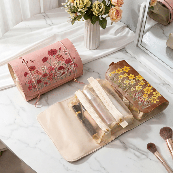 Personalized Birth Flower Butterfly PU Leather Makeup Bag with Name Travel Essentials Wedding Party Birthday Gift for Women