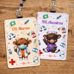 Personalized Highland Cow Nurse Pattern ID Badge Card Holder with Hanging Buckle and Text Daily Use Nurse's Day Gift for Doctors Nurses