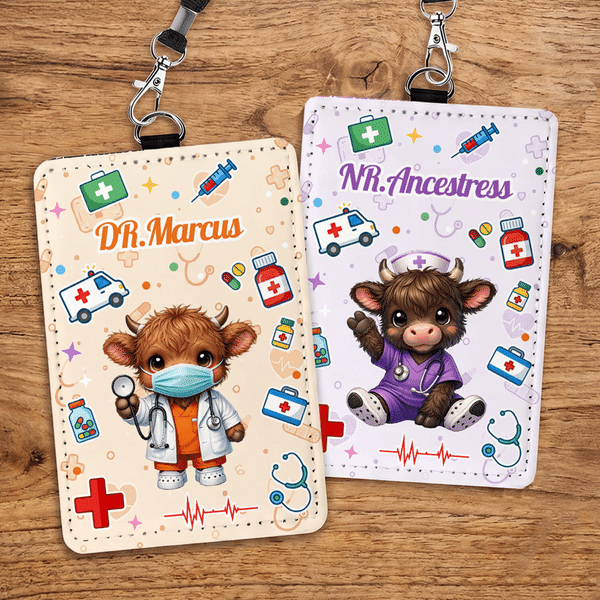 Personalized Highland Cow Nurse Pattern ID Badge Card Holder with Hanging Buckle and Text Daily Use Nurse's Day Gift for Doctors Nurses