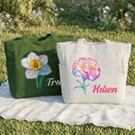 Personalized Neon Birth Flower Large Capacity Corduroy Tote Bag with Name Daily Travel Birthday Gift for Girls Women