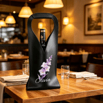 Personalised Birth Flower Protective PU Leather Wine Bag with Scripty Style Name and Handle Dinner Party Anniversary Gift for Wine Lover