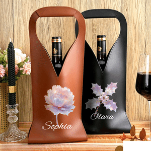 Personalised Birth Flower Protective PU Leather Wine Bag with Scripty Style Name and Handle Dinner Party Anniversary Gift for Wine Lover