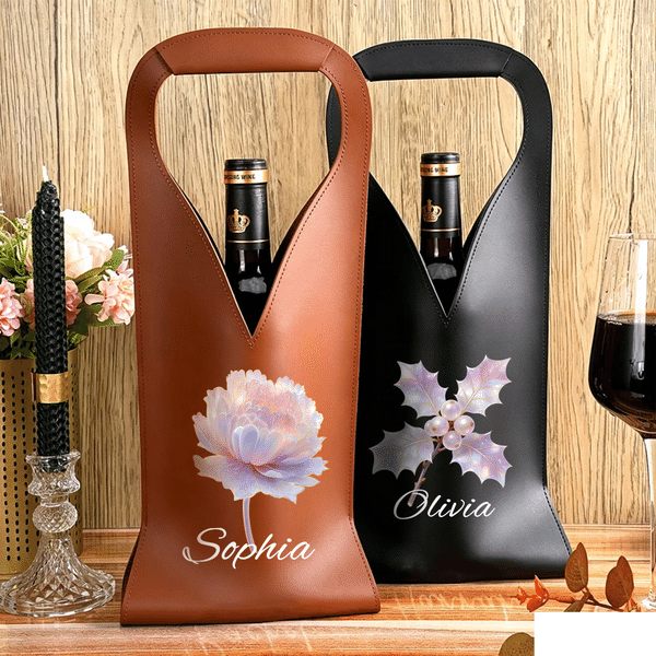 Personalized Birth Flower Protective PU Leather Wine Bag with Scripty Style Name and Handle Dinner Party Anniversary Gift for Wine Lover