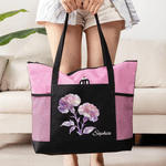 Personalized Dreamy Birth Flower Large Capacity Tote Bag with Name and Mesh Pockets Birthday Anniversary Gift for Women