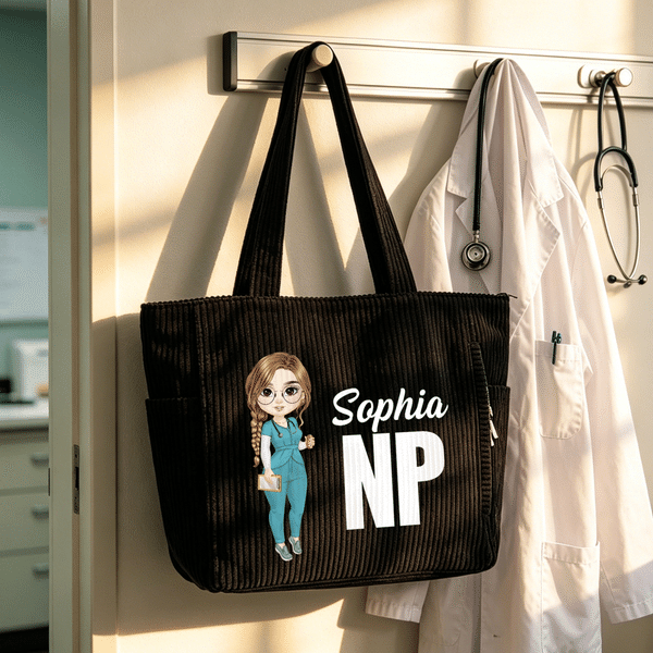 Bolsa de pana de gran capacidad personalizada con personaje de dibujos animados y nombre Regalo de cumpleaños del Día de la Enfermera para enfermeras y médicos