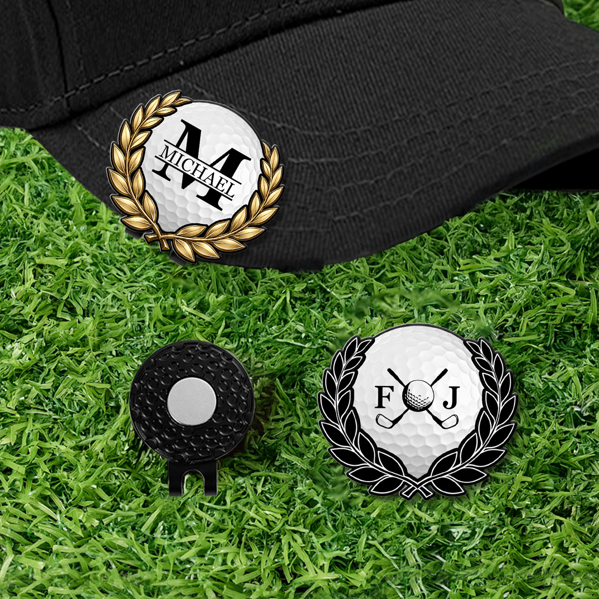 Personalisierter magnetischer Golfballmarker mit Hutclip | Lorbeerkranz- und Monogramm-Design | Geburtstag Geschenk für Golfliebhaber