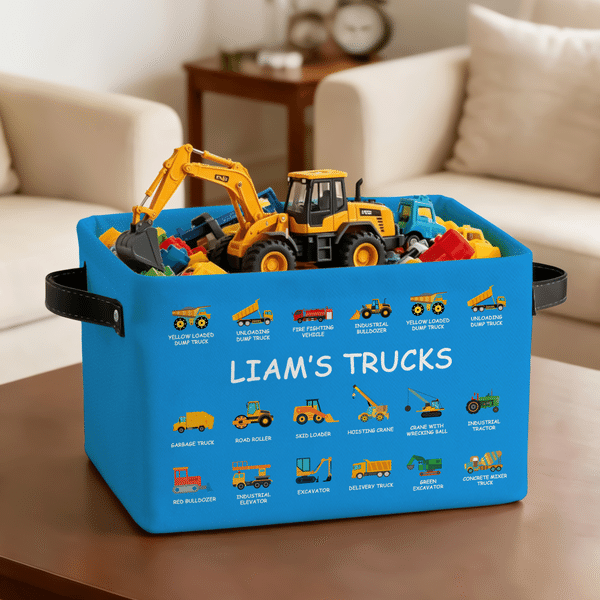 Personalised Watercolor Construction Lorry Design Reusable Basket with Text Daily Use Birthday Children's Day Gift for Boys Girls