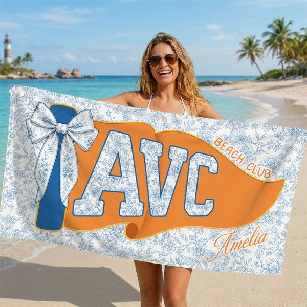 Personalised Multicolor Floral Bow Pennant Quick Dry Beach Towel with School Abbreviation and Name Vacation Graduation Gift for Graduates Friends
