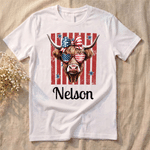 Personalized Highland Cow American Flag 100% Cotton Soft T-shirt with Name American Independence Day Gift for Highland Cow Lover