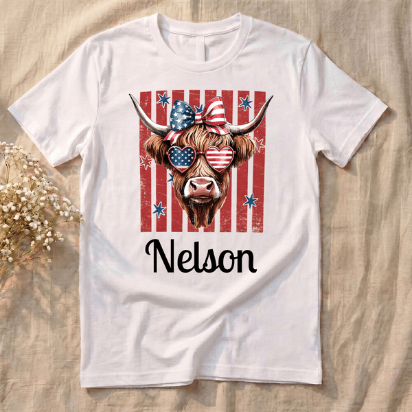 Personalized Highland Cow American Flag 100% Cotton Soft T-shirt with Name American Independence Day Gift for Highland Cow Lover