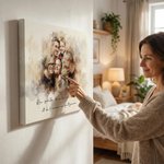 Toile personnalisée avec portrait de famille et texte - Effet peinture à l'aquarelle - Cadeau souvenir unique pour la famille