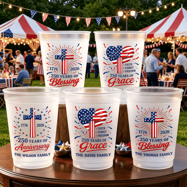 Personalized 250th USA Anniversary Frosted Food-Grade Plastic Cup with Text Set of 10 Independence Day Party Favor for American Families