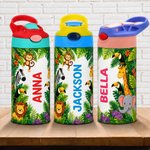 Henkilökohtainen söpö viidakkoeläin 12 oz vesipullo, jossa on nimi olki ja kahva Takaisin kouluun syntymäpäivälahja lapsille